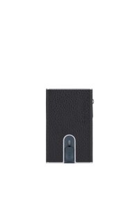 Zwart leren portemonnee met een textuur, metallic accenten en een drukknop opening mechanisme. Compact rechthoekig ontwerp.