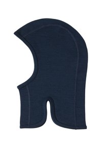 Marineblå balaclava lavet af blødt stof. Den har en rund top og en åbning til ansigtet, med sydd kanter for holdbarhed.