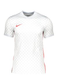 Maglietta da calcio bianca a maniche corte con un motivo a scacchi e dettagli rossi. Presenta un colletto a girocollo e il logo Nike rosso sul petto.