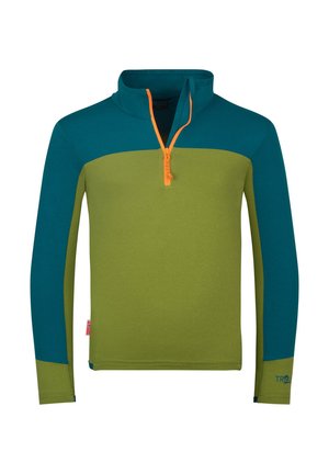 Long-sleeve pullover with teal upper and sleeves, olive green body and cuffs, featuring an orange quarter zipper and small logo on the left cuff.