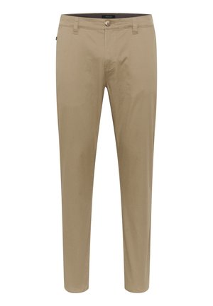 Beige chino's met een gladde textuur, aansluitend ontwerp, enkele knoopsluiting, voorzakken en riemlussen. Schoon, recht silhouet.