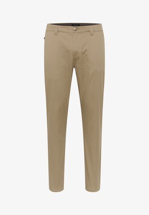 Beige Chinos mit einer glatten Textur, tailliertem Design, Ein-Knopf-Verschluss, Vordertaschen und Gürtelschlaufen. Saubere, gerade Beinsilhouette.