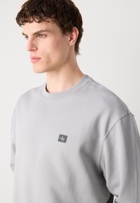 Sudadera gris claro hecha de una mezcla de algodón. Presenta un cuello redondo y un pequeño parche de etiqueta en la parte frontal. Textura suave y ajuste relajado.