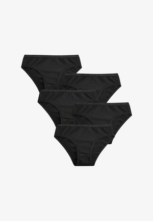 Fünf schwarze Baumwollslips, überlappend angeordnet, jeweils mit einem dezenten gebrandeten Bund.