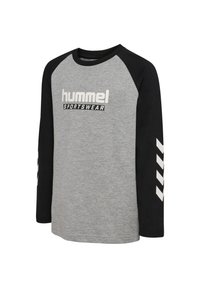 Långärmad sporttröja med grå kropp, svarta ärmar, vit "hummel SPORTSWEAR" text på bröstet och vita chevronränder på ärmarna.