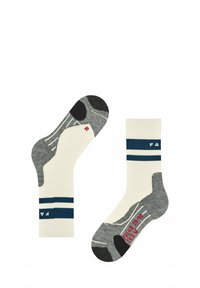 Jasne kremowe skarpetki z szarymi akcentami; z niebiesko-paskowanym ściągaczem i palcami. Zawierają etykietę "R"; miękka, dziana tekstura oraz wzmocniona pięta.