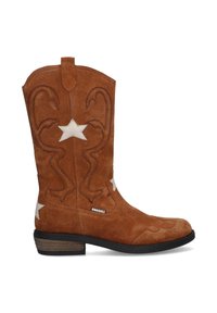 Tan suède cowboylaarzen met witte steraccenten, decoratieve stiksels, ronde neus, lage, gestapelde hak en een pull tab aan de schacht.