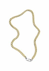 Złocony metalowy naszyjnik z łańcuszkiem składającym się z ogniw połączonych w formie płaskiej oraz zapięciem w odcieniu srebrnym, o gładkim, wypolerowanym wykończeniu.