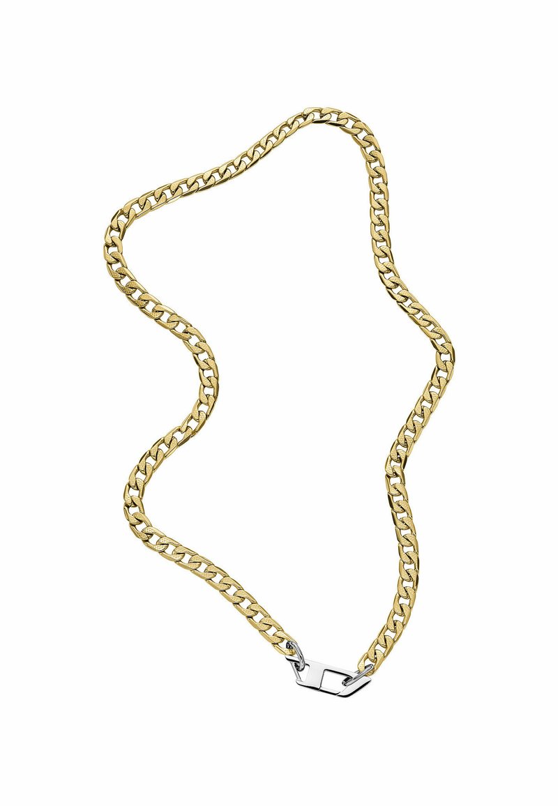 Złocony metalowy naszyjnik z łańcuszkiem składającym się z ogniw połączonych w formie płaskiej oraz zapięciem w odcieniu srebrnym, o gładkim, wypolerowanym wykończeniu.