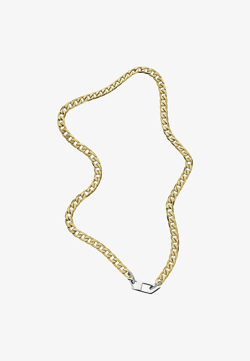 Złocony metalowy naszyjnik z łańcuszkiem składającym się z ogniw połączonych w formie płaskiej oraz zapięciem w odcieniu srebrnym, o gładkim, wypolerowanym wykończeniu.