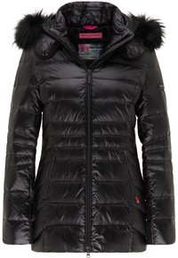 Černá péřová bunda s prošívanou strukturou, s předním zipem, odnímatelnou kapucí a koženými akcenty. Obsahuje boční kapsy a logo na rukávu.