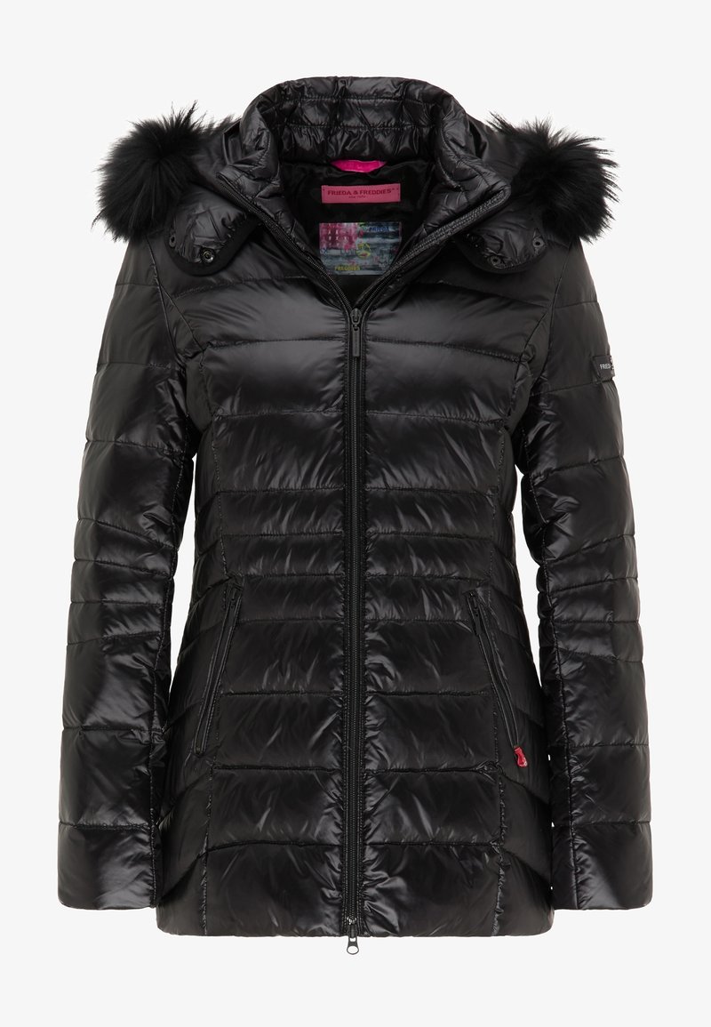 Černá péřová bunda s prošívanou strukturou, s předním zipem, odnímatelnou kapucí a koženými akcenty. Obsahuje boční kapsy a logo na rukávu.