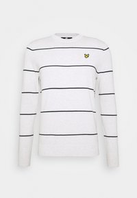 Maglia grigia chiaro a maniche lunghe con righe orizzontali nere, scollo rotondo e piccolo logo giallo a forma di farfalla sul petto a sinistra. Tessuto dalla texture morbida.