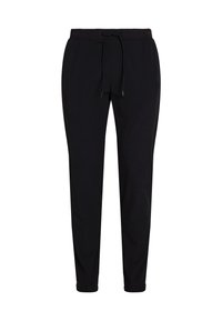 Pantalones de chándal negros hechos de una tela suave, que cuentan con una cinturilla elástica, cordón ajustable y perneras ajustadas con puños en los tobillos.