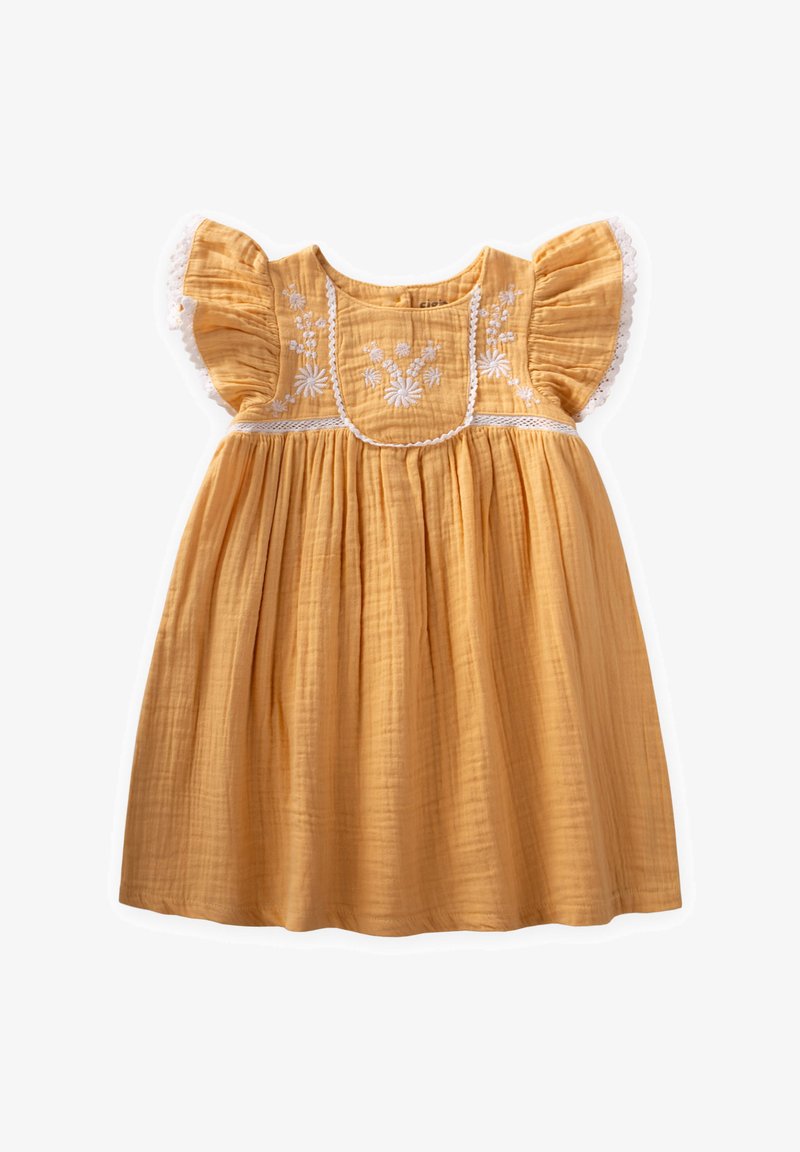 Žuta pamučna haljina s kratkim lepršavim rukavima, ukrašena bijelom cvjetnom vezom i teksturiranim naborima, dizajnirana s okruglim izrezom.