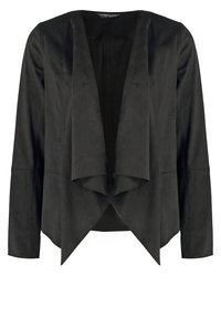 Černá bunda z umělé semiše s otevřeným předním dílem, volně splývajícím designem, dlouhými rukávy a úhlovým lemem. Hladká textura bez viditelných zapínání nebo ozdob.