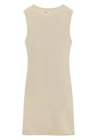 Robe beige en maille sans manches avec un col rond, présentant une texture simple et légère sans ornements supplémentaires.