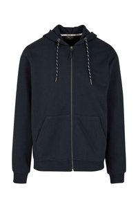 Navy zip-up hoodie made of soft cotton blend; features a hood, drawstring accents, front pockets, and ribbed cuffs and hem.
