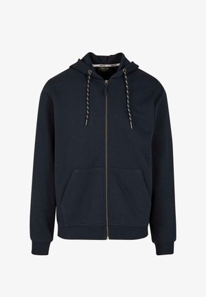 Námořnická mikina se zipem vyrobená z měkké bavlněné směsi; obsahuje kapuci, stahovací šňůrky, přední kapsy a žebrované manžety a lem.