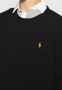 Man som bär en svart tröja med en liten gul polo-spelare-logotyp över en grå V-ringad tröja och en vit skjorta med krage.