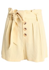 Żółte lniane szorty z wysokim stanem, z paskiem do wiązania, trzema guzikami z przodu oraz plisowanymi detalami. Miękka tekstura i luźny krój.