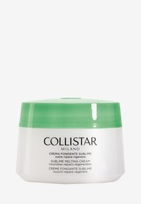 Vit burk med ett grönt lock, märkt "Collistar Sublime Melting Cream." Slät plast, rund form, med svart text som beskriver produktens egenskaper.