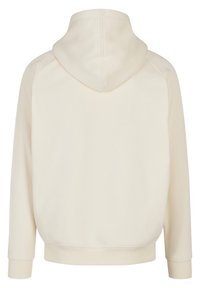 Sudadera color crema hecha de tejido suave, que presenta una gran capucha, puños acanalados y un ajuste relajado. La vista trasera muestra líneas limpias.