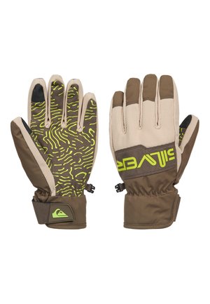 Paar braune und beige Winterhandschuhe mit gelben abstrakten Mustern auf den Handflächen, verstellbaren Handgelenksriemen und Logodetail an Bündchen und Rückseite.