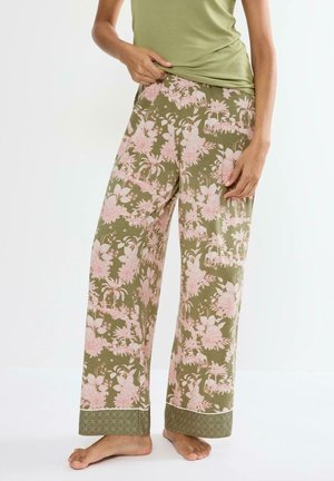 Floral-patterned pajama pants in olive green with pink flowers, wide leg design, soft cotton material, and patterned cuffs.