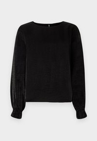 Blouse noire à manches longues avec un col rond et des poignets légèrement froncés sur un fond clair uni.