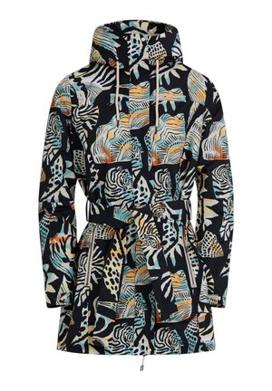 Veste à capuche noire avec imprimé animalier multicolore abstrait, taille ceinturée et poches latérales zippées.