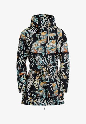 Sort hættejakke med abstrakt flerfarvet dyreprint, bælte i taljen og lynlåslommer i siderne.