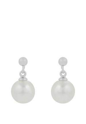 Silver drop earrings with small round studs and large white pearl pendants hanging below.