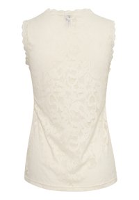 Débardeur en dentelle off-white avec des bords de manches festonnés et un motif floral. Texture douce avec un design ajusté et un décolleté arrondi.
