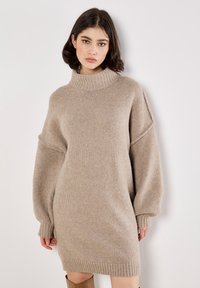 Beiges gestricktes Sweaterkleid mit hohem, geripptem Kragen, überschnittenen Schultern und langen Ärmeln; hat eine lockere Passform und einen gerippten Saum.