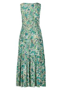 Robe longue sans manches avec taille froncée et jupe à volants, ornée d'un motif floral paisley en vert, bleu et jaune sur fond blanc.
