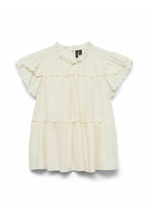 Rochie crem cu mâneci scurte, cu decolteu cu volane și fustă în straturi, realizată dintr-o țesătură ușoară și texturată.