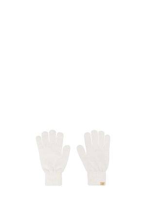 Paire de gants blancs en tricot à poignets côtelés, présentés paumes vers le haut sur un fond blanc uni.