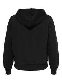 Musta pitkähiha hoodie, jossa on resorit hihansuissa ja helmassa, kuvattuna takaa, yksinkertaisella, koristelemattomalla designilla ja hupulla.
