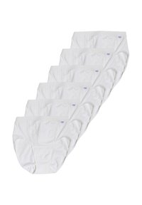 Confezione da sei slip bianchi in cotone, con un design classico, vita elasticizzata, aperture delle gambe ondulate e una piccola etichetta con logo.