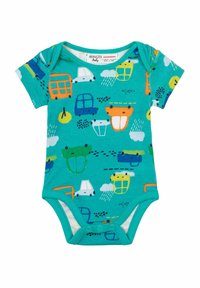 Zöldesszürke, rövid ujjú kezeslábas színes jármű- és időjárási mintákkal, patentos záródással és puha pamut anyagból készült.