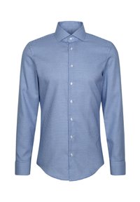 Blau-weiß kariertes Langarmhemd, Knopfleiste, klassischer Kragen, Baumwollstoff, glatte Textur und regulärer Schnitt mit abgerundetem Saum.