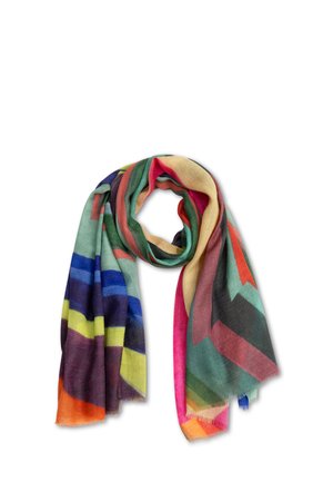 Veelkleurige sjaal van zachte stof, met een visgraatpatroon in tinten roze, groen, blauw, geel en oranje. Lichtgewicht met franjes aan de randen.