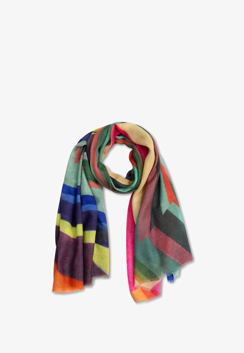 Veelkleurige sjaal van zachte stof, met een visgraatpatroon in tinten roze, groen, blauw, geel en oranje. Lichtgewicht met franjes aan de randen.