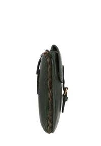 Green leather wallet with a smooth texture, featuring a bronze zipper and a flap closure. Side view showcases its slim, compact design.