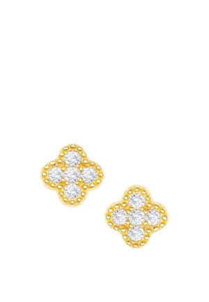 Gold stud earrings shaped like four-leaf clovers with five small round clear gemstones in each surrounded by gold bead detailing.