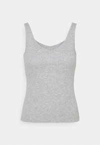 Gray ribbed tank top with a V-neck, soft texture, sleeveless design, and a close-fitting silhouette for a streamlined look.