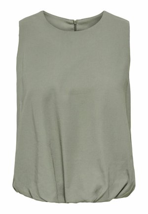 Sleeveless olive green blouse with round neckline and gathered hem, featuring a back zipper closure.