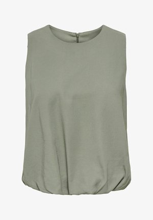 Sleeveless olive green blouse with round neckline and gathered hem, featuring a back zipper closure.