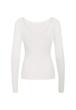Wit lange mouwen top, met een ruim ronde halslijn, aangesloten ontwerp, gemaakt van gladde stof met een lichte stretch. Naaddetails zichtbaar.